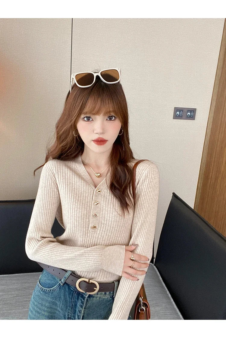 2023 herbst Winter Frauen Pullover Beiläufige Dünne Taste Gestrickte Pullover Pullover Femme Grundlegende Solide Jersey Tops Mode Kleidung