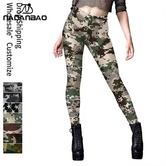 NADANBAO Leggings Women Sporty Pants Camouflage Green Star print Outdoor Hiking Fitness Workout Elastic Sexy Tights Trousers.