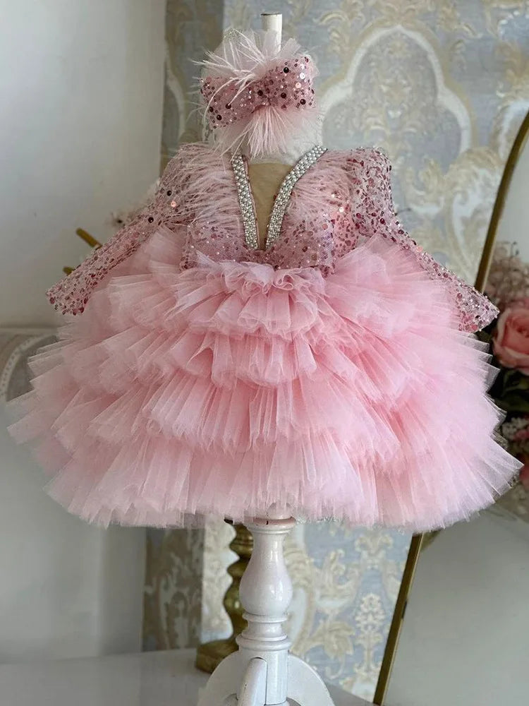 Wunderschönes und elegantes langärmliges Mädchenkleid mit V-Ausschnitt und Pailletten für Kinderklavieraufführungen, Laufsteg-Performance-Mesh-Kuchenkleid