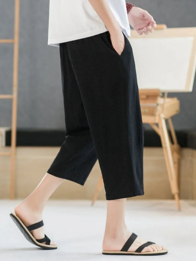 2025 new summer men's casual imitation linen seven quarter pants, thin solid color cut pants, fashionable hip-hop street sports.