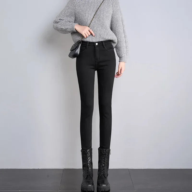 Frauen Thermische Dünne Jeans Mom Winter Warme Plüsch Stretch Jeans Dame Fleece Schnee Denim Hosen Student Bleistift Gerade Bein Hosen
