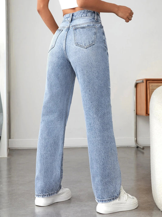 Women's pocket-breaking casual Denim wide-leg pants.
