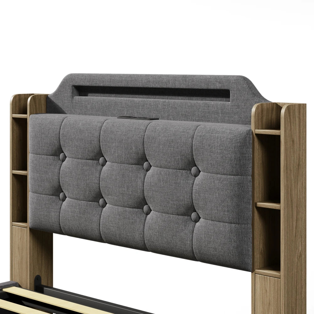 140*200cm Polsterbett mit LED-Lichtleiste und mehreren Ablagefächern, für Schlafzimmerwäsche, Beige (ohne Matratze)