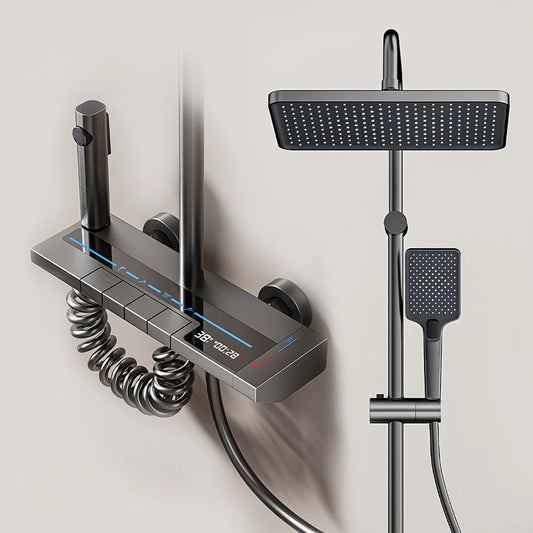 Bathroom Luxury Shower System with Tempered Glass Piano Key Smart Digital Display Thermostat Mixer Shower Faucet Full Set