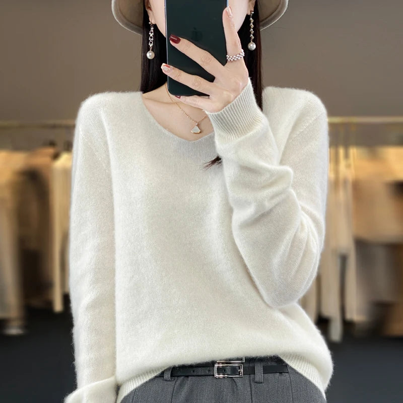 2024 100% Merino Reine Wolle V-ausschnitt Herbst Und Winter Pullover Pullover Neue Kaschmir Pullover frauen Beiläufige Gestrickte Top DMR201