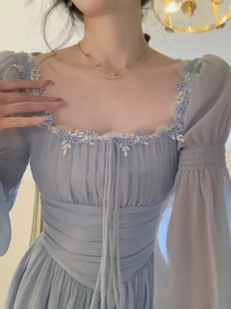 2024 Französisch elegante Prinzessin Abend party Midi Kleider für Frauen A-Linie schlanke Bandage Langarm Vestidos koreanische Frühlings kleidung