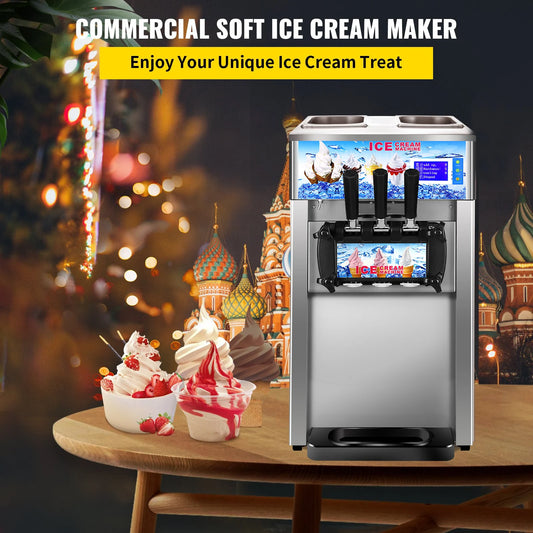 SIHAO Commercial Soft Serve Ice Cream Machine - Tri-Flavor 18L/H with LCD Display & One-Touch Cleaning for Dessert Shops, Cafes.