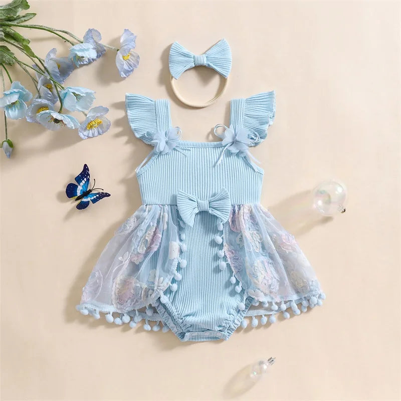 0-18M Kleinkind Baby Mädchen Sommer Strampler Kleid Nette Rüschen Ärmellose Square Neck Blume Body mit Stirnband Set neugeborene Kleidung