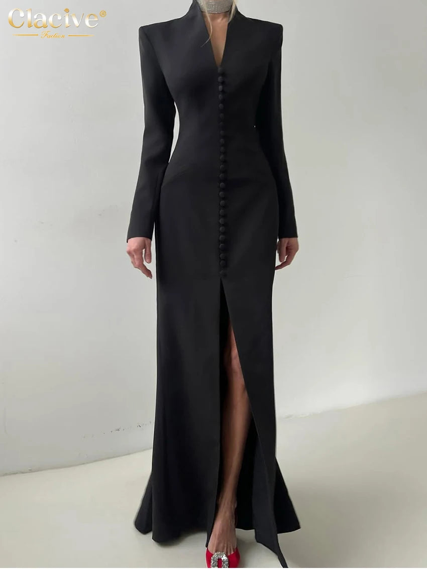 Clacive Sexy schlankes weißes Damenkleid 2025, modisches V-Ausschnitt, lange Ärmel, knöchellanges Kleid, elegantes, klassisches, geschlitztes Damenkleid