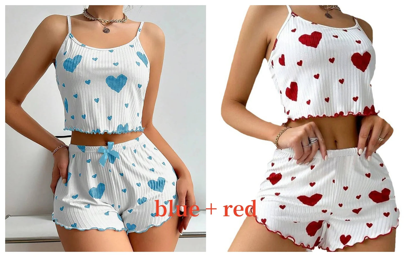 Damen-Pyjama-Set, Nachtwäsche, 2-teilig, kurze Tanktops und Shorts, S, M, L, weiß, belüftet, weich, lässig, Liebesdruck