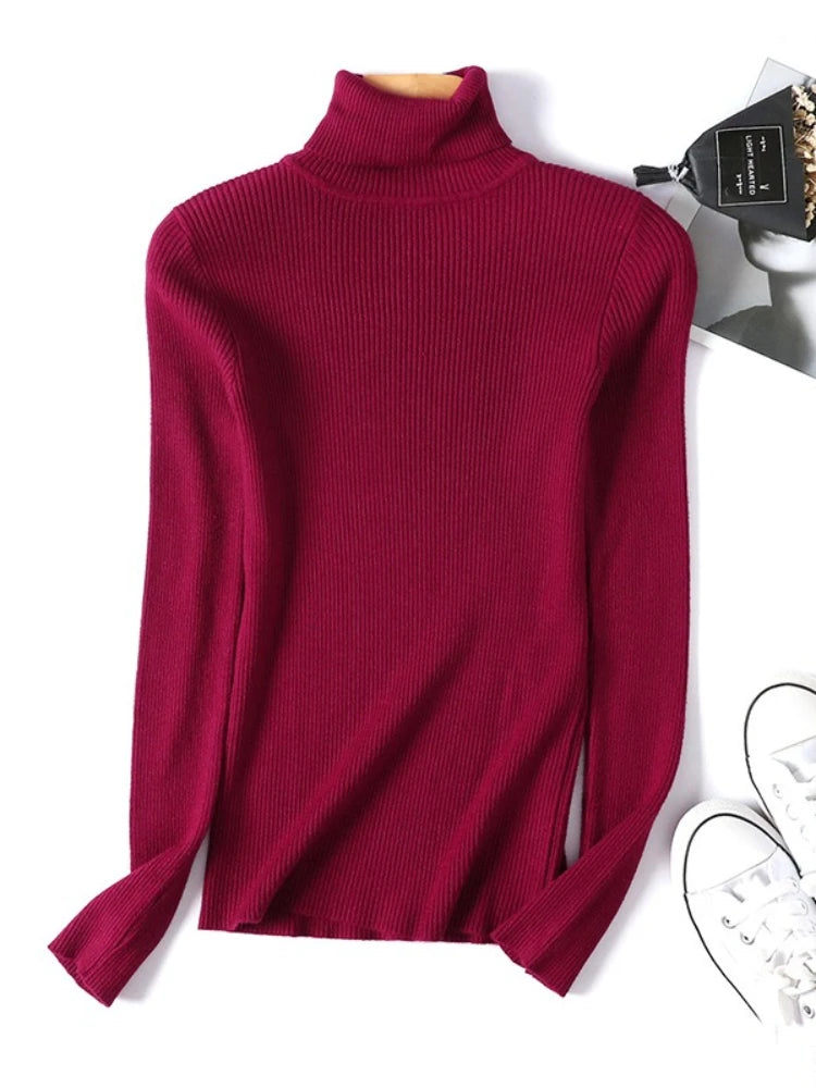 Neue Herbst Winter Frauen Gestrickte Rollkragenpullover Casual Weiche Polo-neck Jumper Mode Schlanke Elastizität Solide Rippen Pullover