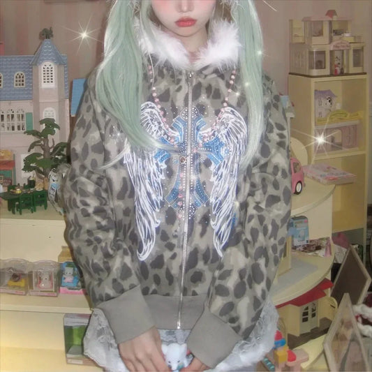 Y2K Gothic Short Woman Coat Womens Clothes Harajuku Graphic Printed Fur Collar Slim Zipper Jacket Autumn Winter Clothing.