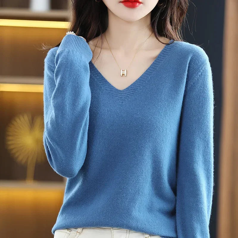 Herbst Winter Frauen Pullover 2025, Koreanische Mode Strickwaren Warme Lange Hülse V-ausschnitt Stricken Pullover Slim Fit Bodenbildung Shirt Jumper
