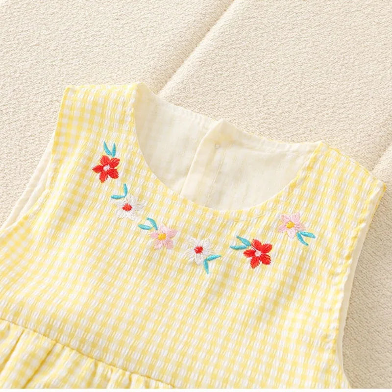 0–2 Jahre Neugeborene Kinder, bezaubernder Baby-Mädchen-Strampler aus Baumwollgaze, gelb kariert, bezauberndes besticktes Enten-Design – weich und süß