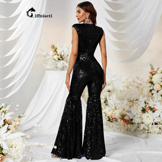 New Arrival Bead Sequin Slim Fit Bell Bottom One Piece Pants Women's Fashion Sleeveless Micro Flare Jumpsuit MGX492-1.