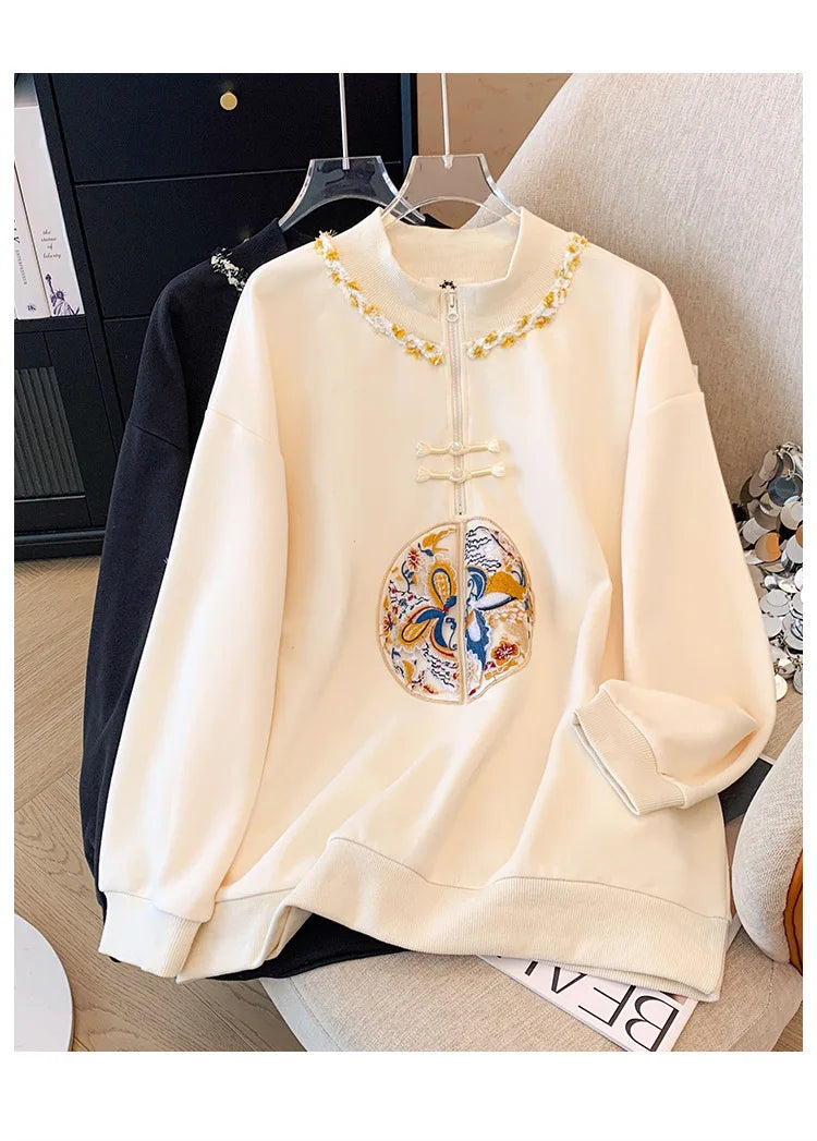 150kg Plus Size Damen büste Frühling Herbst lose neue chinesische Stil Sweatshirt lang ärmel ige geknöpfte Top 5xl 6xl 7xl 8xl 9xl