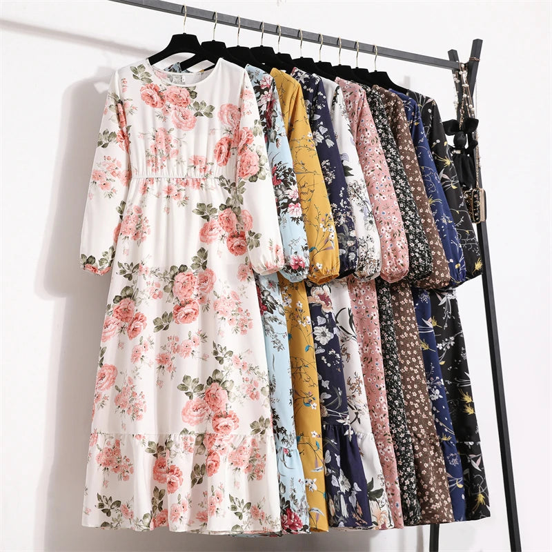 Frühling Sommer Frauen Maxi Kleider Casual Volle Hülse Floral Gedruckt Oansatz Frau Bohe Strand Party Lange Kleid Mujer Vestidos