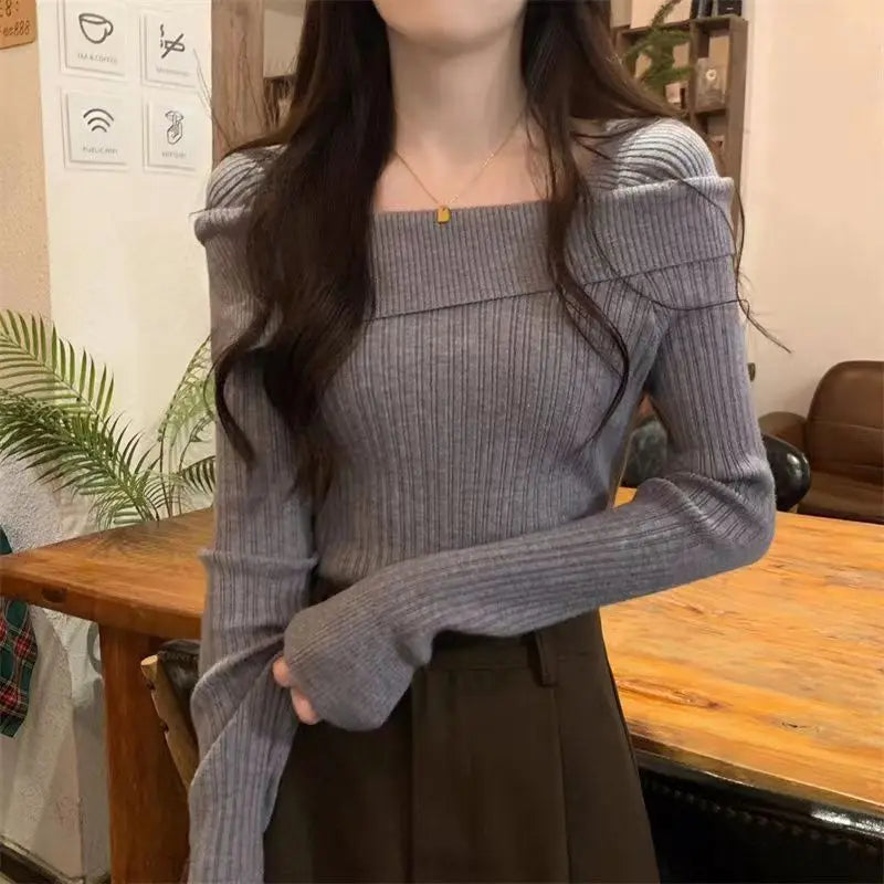 Solide Sexy Schlank Off Schulter Slash Neck Langarm Stricken Pullover Frauen Jumper Büro Mode Neue