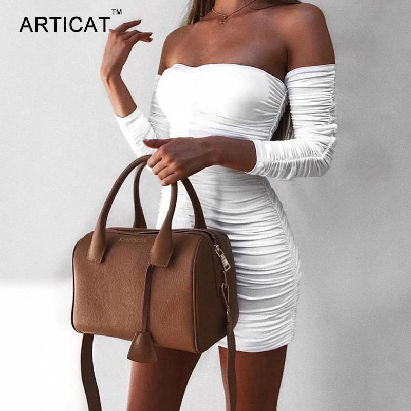 Arctic Cat Frauen Herbst Winter Verband Kleid Frauen 2022 Sexy Off Schulter Lange Hülse Dünne Elastische Bodycon Party Kleider Vestidos
