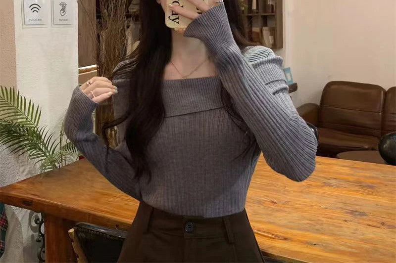 Solide Sexy Schlank Off Schulter Slash Neck Langarm Stricken Pullover Frauen Jumper Büro Mode Neue