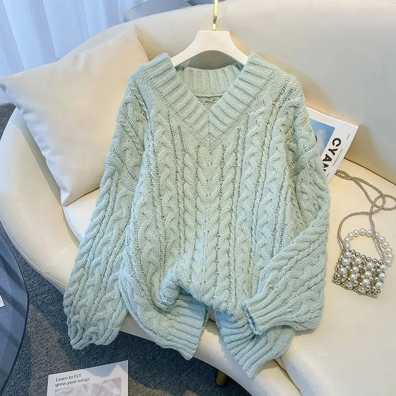 MEXZT Harajuku Pullover Frauen Mode Übergroßen Rosa V-ausschnitt Gestrickte Pullover Koreanische Langarm Strickwaren Winter Casual Jumper