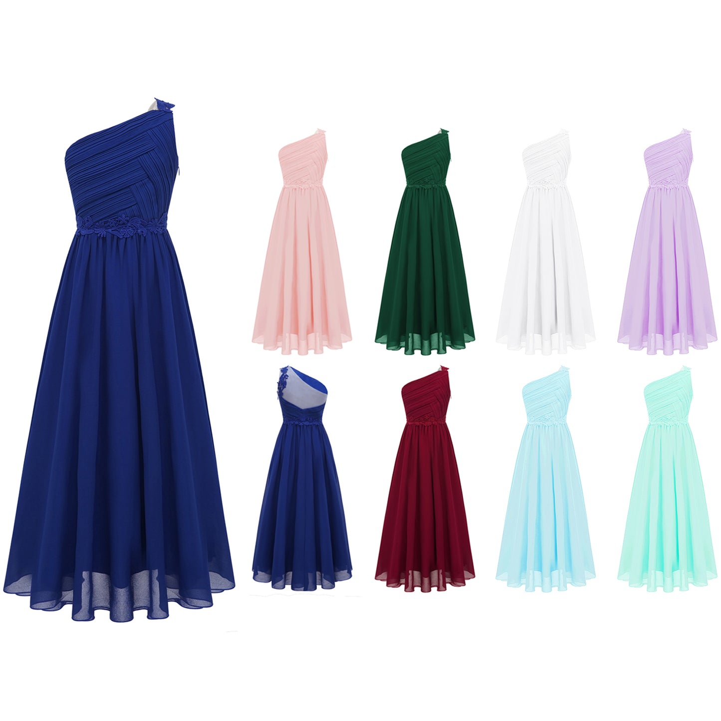 Mädchen Hochzeit Brautjungfer Kleid One Shoulder Elegante Guipure-Spitze Geraffte Chiffon Maxi Party Kleider Geburtstag Abend Abendkleid