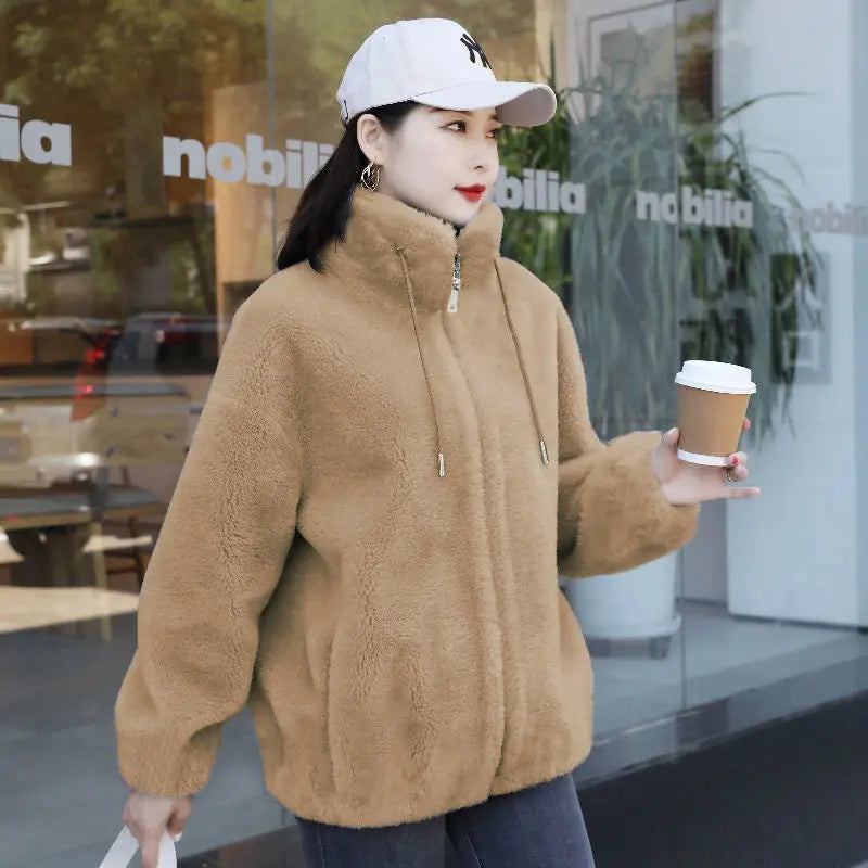 Frauen Winter Doppel Korallen Fleece Warme Mantel Stehkragen Plüsch Dicken Mantel Weibliche Mode Casual Langarm Zipper Kleidung