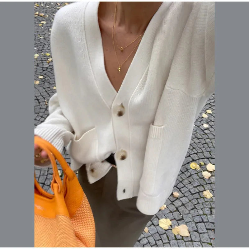 Damenjacke mit V-Ausschnitt, einfarbig, langärmelig, Strickjacke, modischer, lockerer, lässiger Pullover