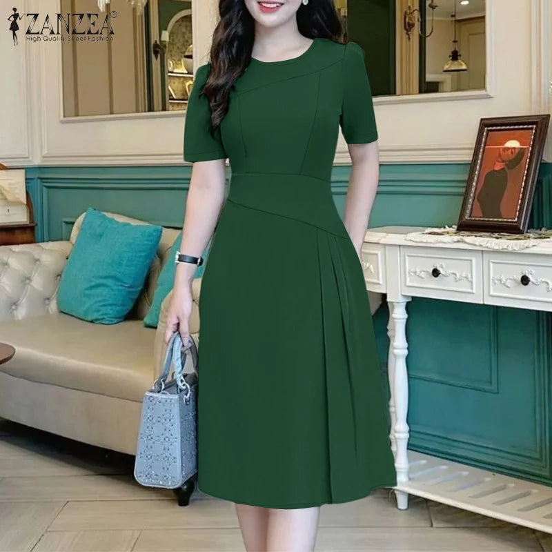 ZANZEA Elegante Büro Frauen Kleider Sommer Stilvolle Solide Party Arbeit Kleid Mode Kurzarm Plissee Vestidos Midi Sommerkleid