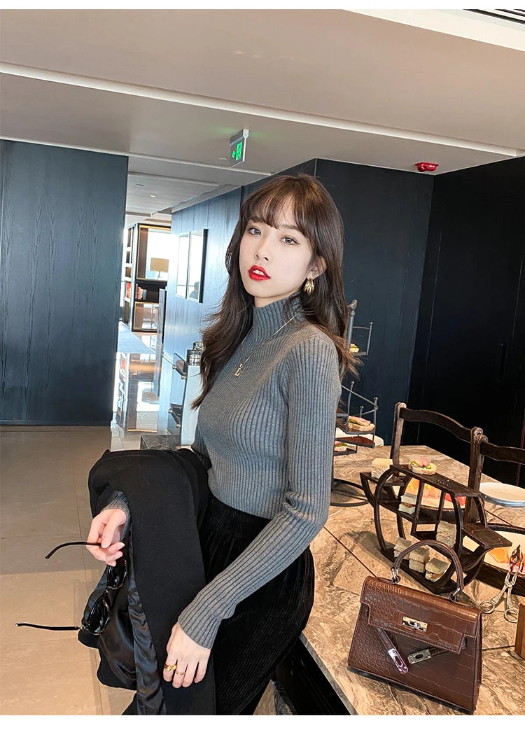 Winter Langarm Mock Neck Gestrickte Frauen Pullover Pullover Schlank Stricken Pullover Frauen Tops Blusas Mujer De Moda 2024 Blusa J995