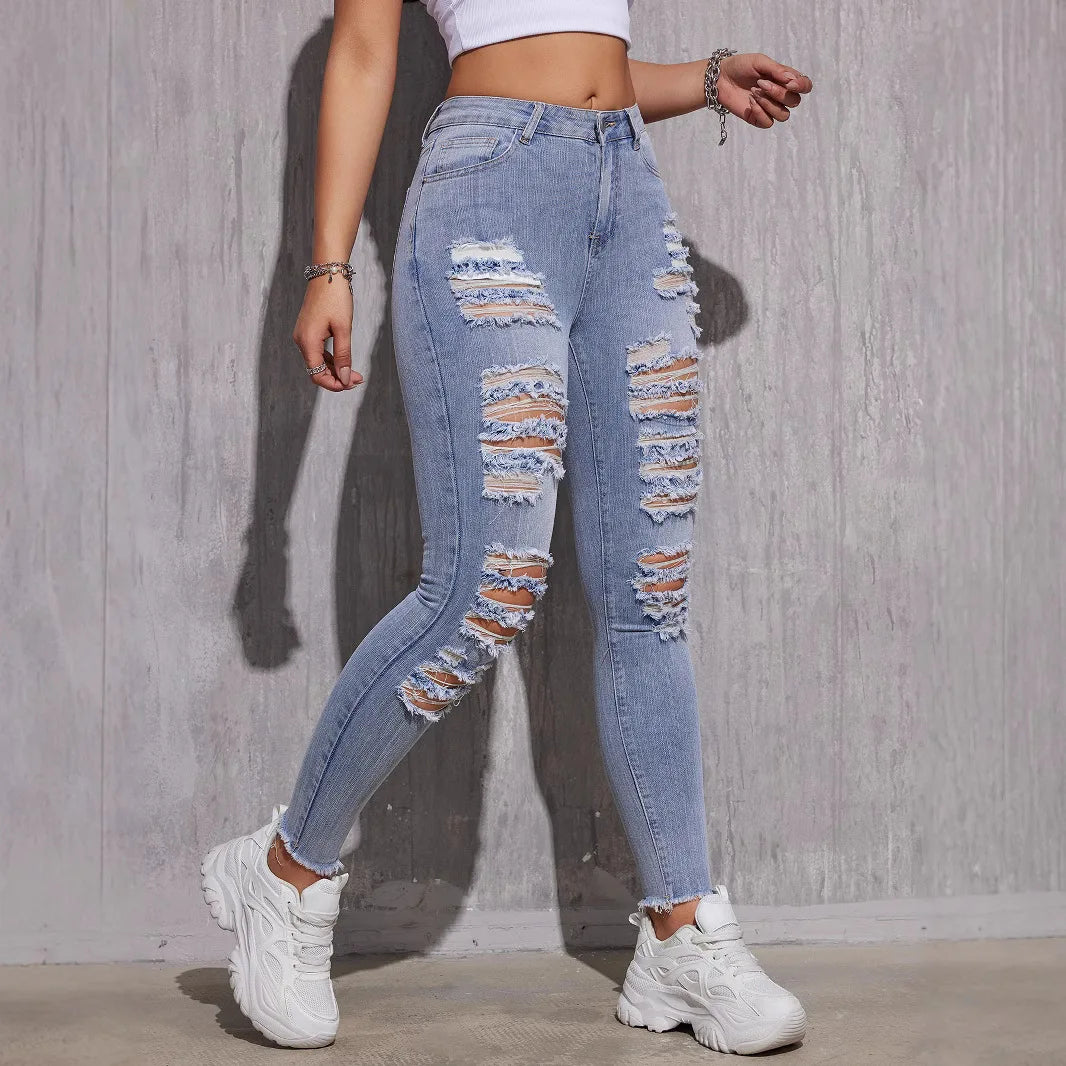 2025, Frühlings-Röhrenjeans mit hoher Taille für Damen – Stretch-zerrissene hellblaue Denim-Hose, knöchellange Slim-Fit-Freizeithose XS-XXL