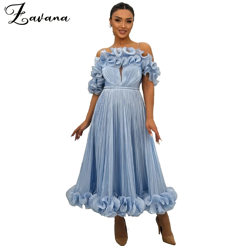 Zavana Stilvolles A-Linien-Abschlussballkleid, schulterfrei, mit Falten, Tüll, Tee-Länge, Saudi-Arabien, Festzug, formelles Partykleid, individuell gestaltet