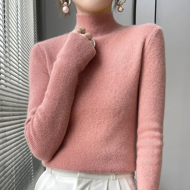 Herbst Winter Frauen Pullover Slim Fit Hohe Strecth Pullover Langarm Inneren Tragen Mock Neck Gestrickte Tops Koreanische Mode Jumper