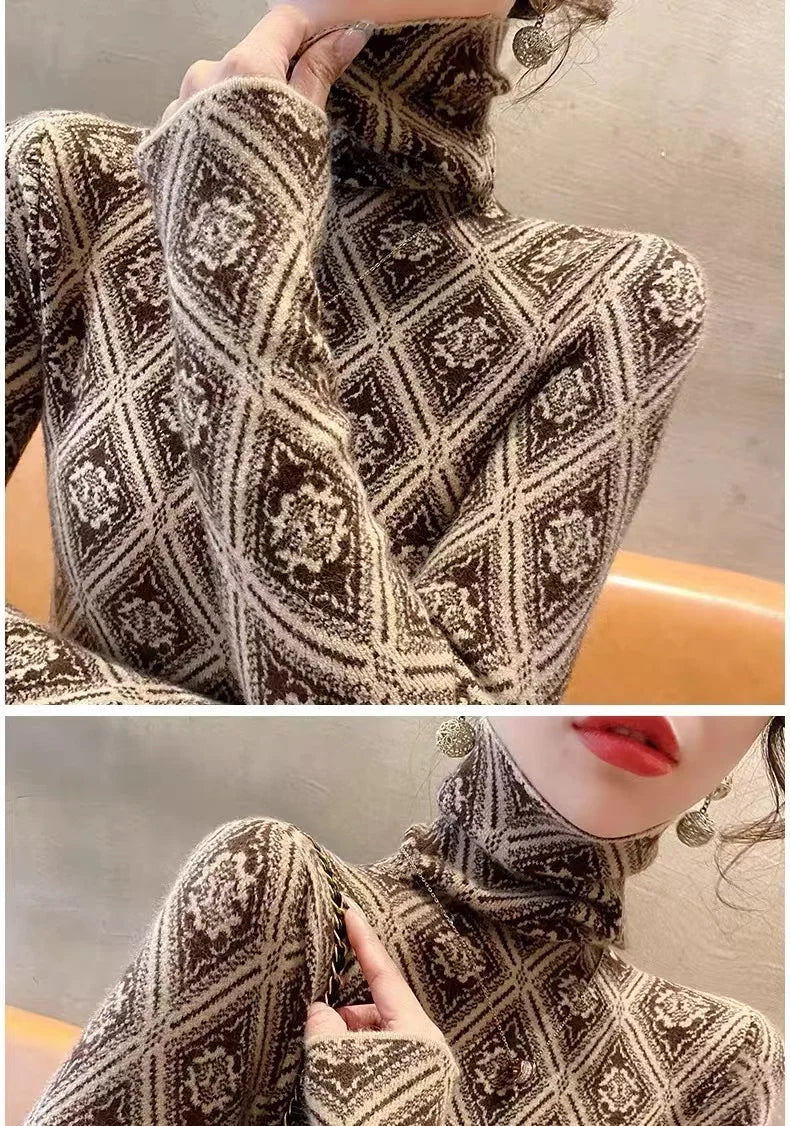 Frauen Kleidung Mode Rollkragen Argyle Stricken Pullover Herbst Winter Elegante Chic Schlanke Langarm Pullover Büro Dame Y2K Top