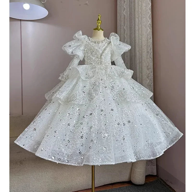 2025, Kinderkleid, Performance-Outfit, Mädchen, Blumen-Pailletten, geschwollenes Kleid, rote Partykleidung, Kinder, Mädchen, Geburtstag, Prinzessinnenkleider, glitzernd