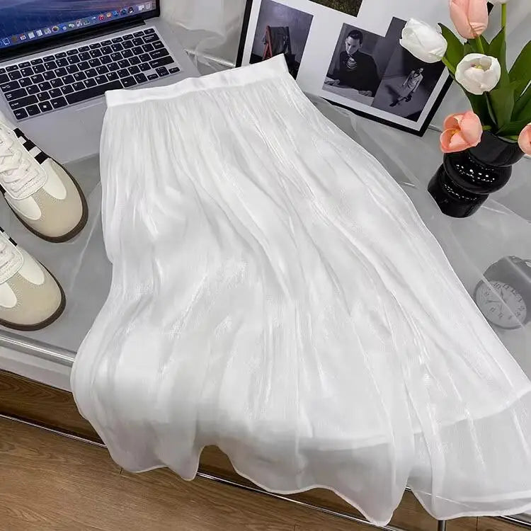 2025 Spring/Summer New Luster A-line Women Skirt Solid Color High Waist French Paris Style Elegant Asymmetrical Skirt