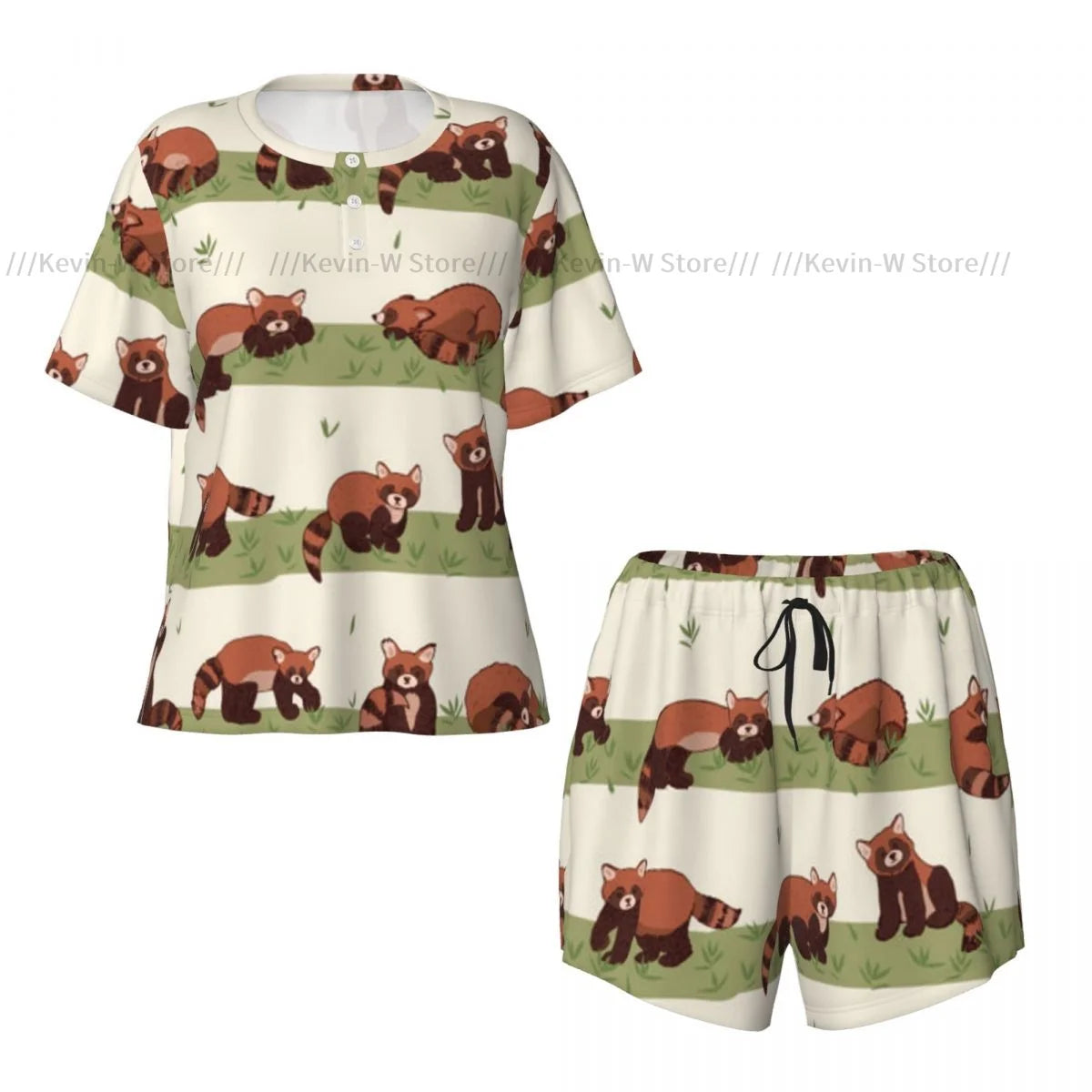 Damen-Pyjama mit kurzen Ärmeln, süßer roter Panda, 2-teilig, für Damen, Sommer-Nachtwäsche, Nachtwäsche, Homewear