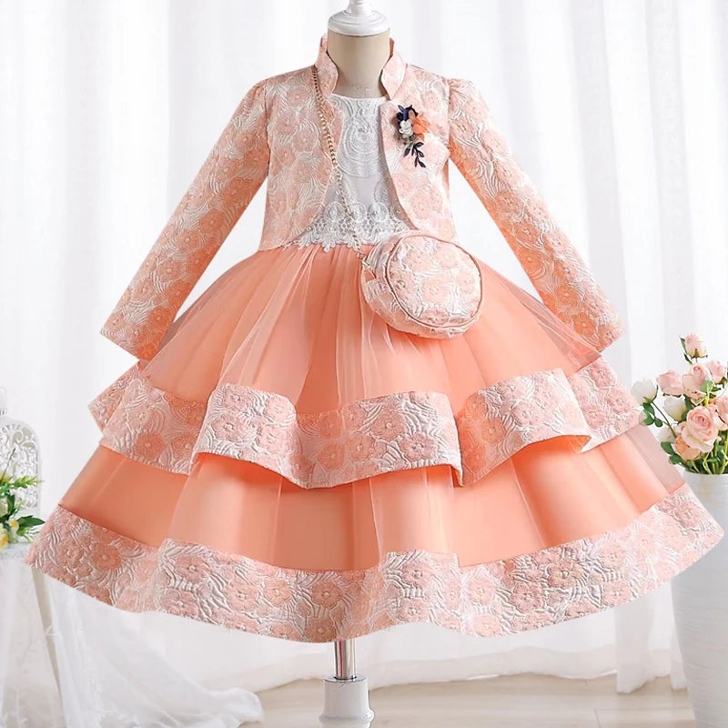 Neues Mädchenkleid, zweiteiliges Set, 3–10 Jahre alt, wunderschönes Weihnachts-Performance-Kleid, Herbst-Party-Abschlussballkleid für Mädchen