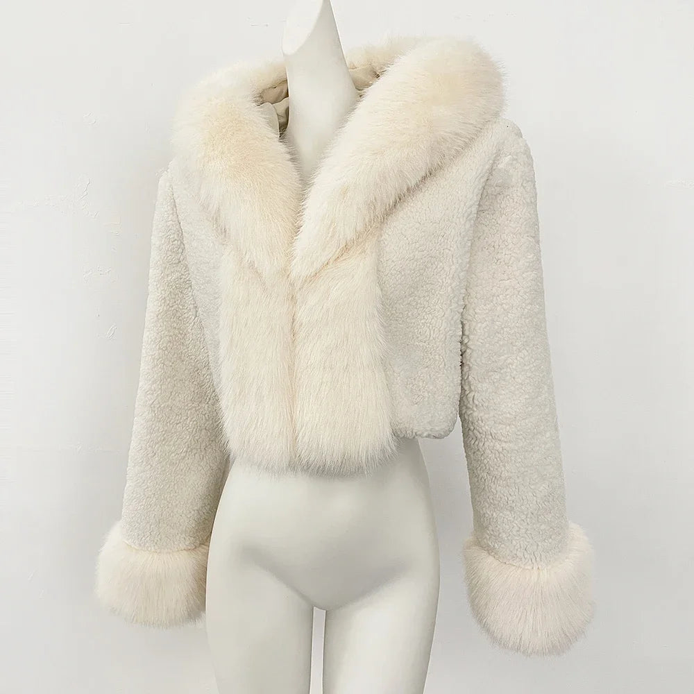 OFTBUY Lammwolle Weibliche Herbst Warme Dicke Faux Pelz Jacke Künstliche Winter Kleidung Frauen Mit Kapuze Kurze Pelzmantel Umweltfreundliche.