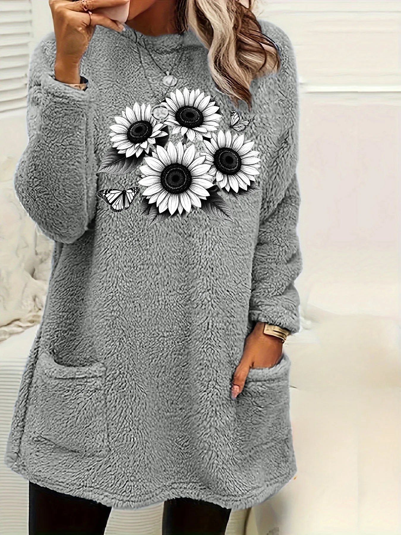 Plus Size Damen Fleece-Sweatshirt, Sonnenblumen-Schmetterling, bedruckt, Rundhalsausschnitt, weich, warm, lässig, Winter, Langarm-Pullover.