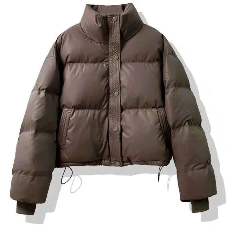 Winter Warme Dicke Parkas Frauen Neue Mode Lose Ernte Jacke Weibliche Schwarz Baumwolle Gepolsterte PU Leder Elegante Zipper Mantel Y2K Tops