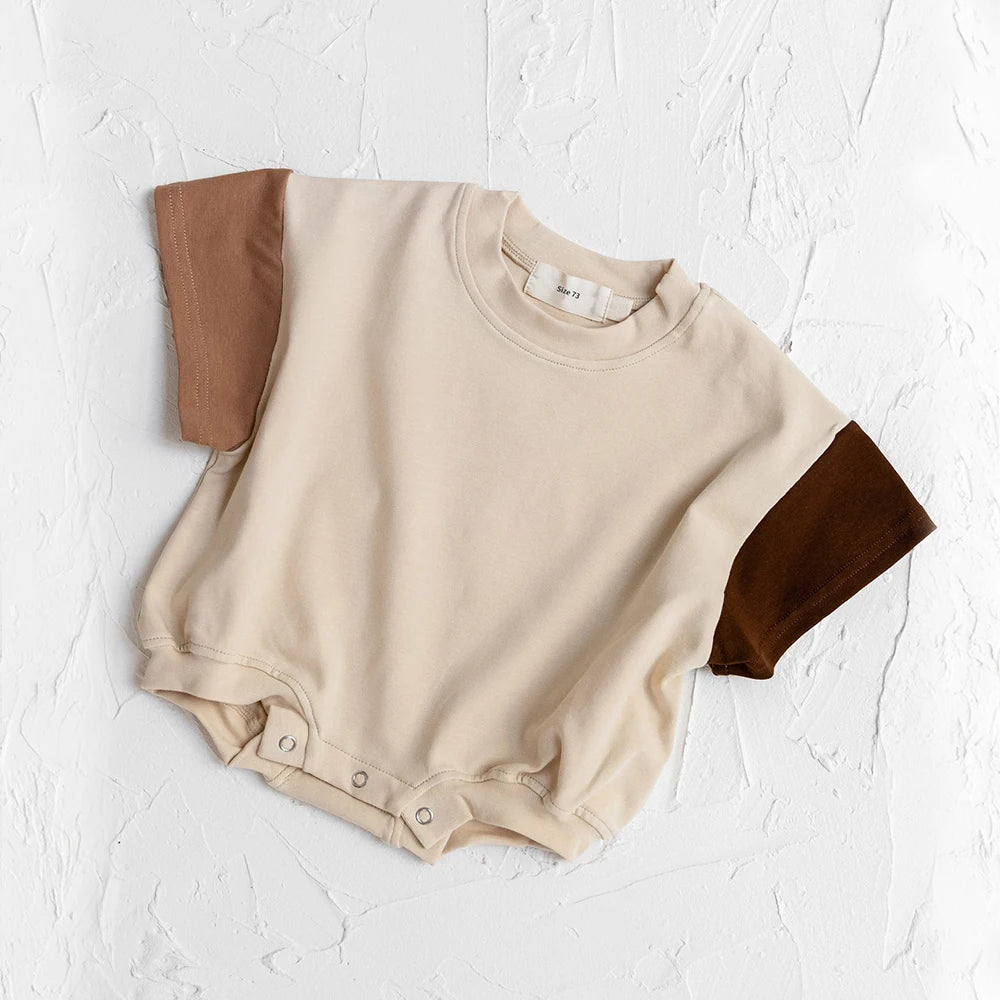 2023 sommer Neugeborenen Baby Jungen Mädchen Übergroßen Strampler Kleidung 0-24M Patchwork Farbe Baumwolle Kurzarm Body Grundlegende overalls