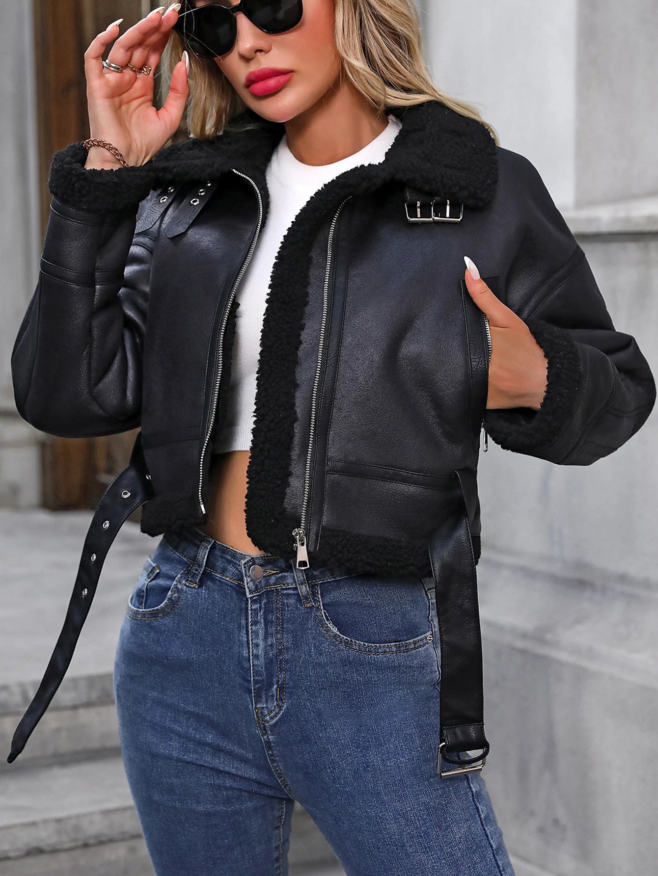 Fitaylor Herbst Winter Frauen Faux Lammwolle Leder Jacke High Street Leder Outwear Casual Dame Revers Zipper Kurzen Mantel