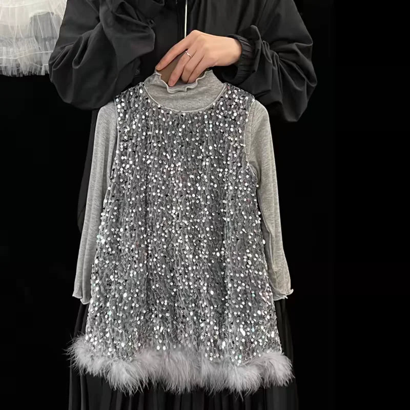 Pailletten Mädchen Prinzessin Kleid Grau Rundhals Ärmellose Feder Weste Kleid Kinder Geburtstag Party Kleid Performance Kleid