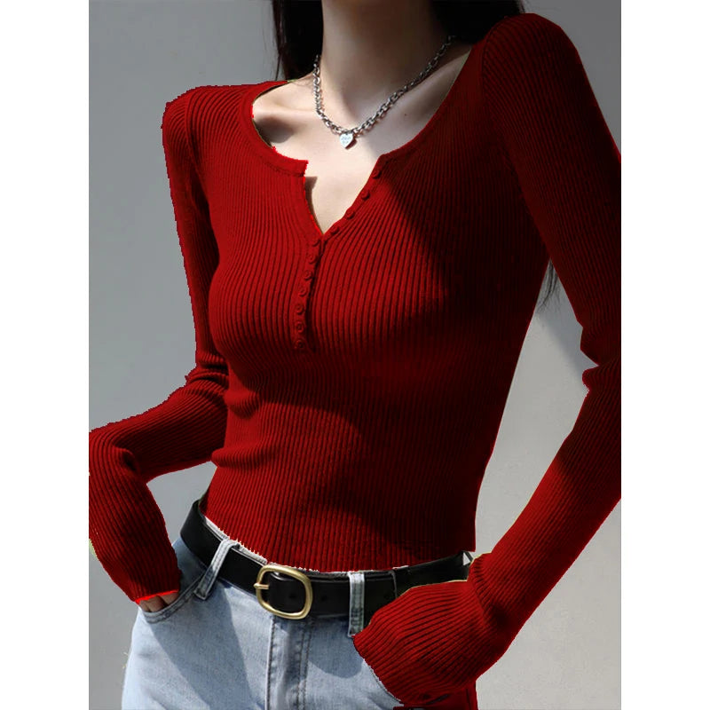 2026 weibliche Casual Tops Pullover Warme V-ausschnitt Frauen Herbst Winter Gestrickte Dünne Pullover Feste Taste Volle Hülse Pullover