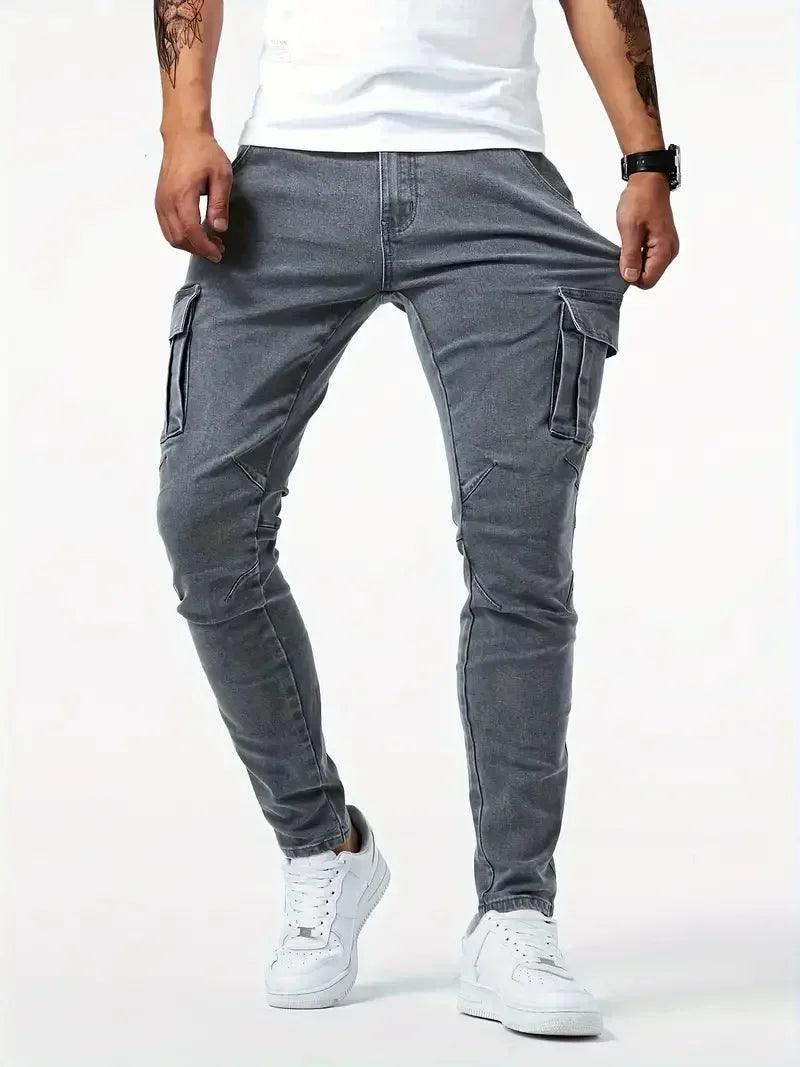 Neue Jeans Herren Seitentasche Skinny Jeans Schlank Einfarbig Hohe Taille Denim Bleistift Hosen Sommer