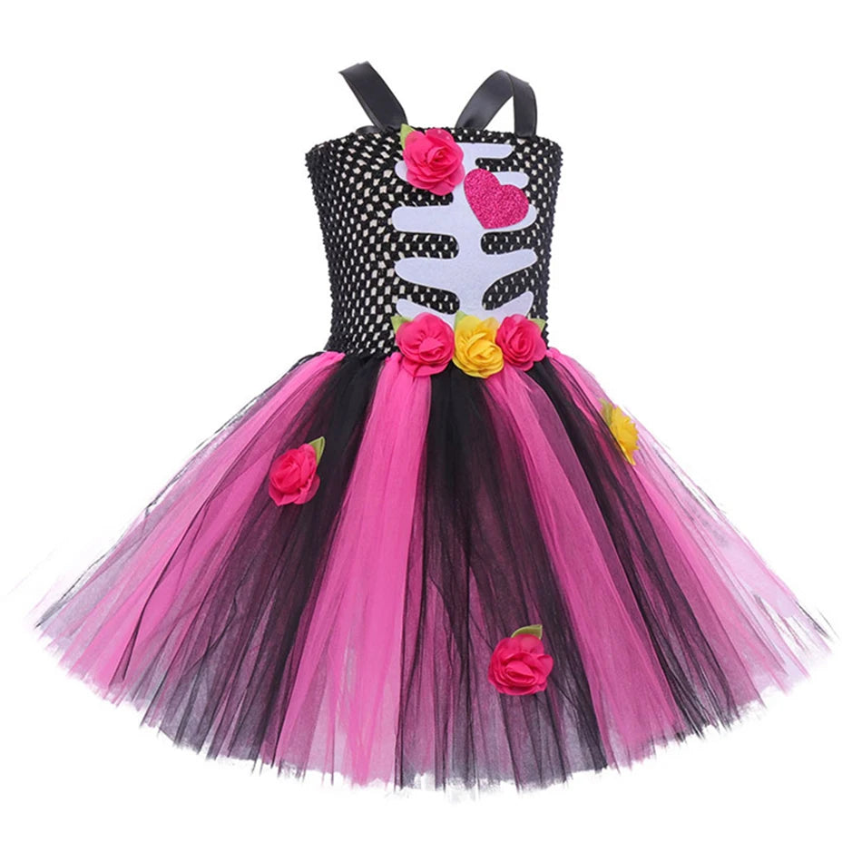 Halloween Kinder Kleid Cosplay Herz druck Skelett Kostüme Mädchen Blumen Schädel Tutu Kleidung Kinder Karneval Leistung Outfits