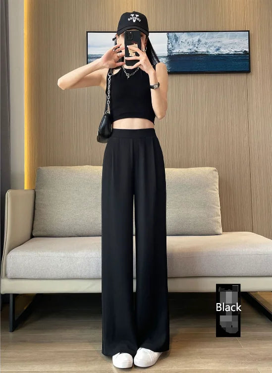 Freizeit hose Frau High Sense Anhänger schwarzer Anzug breites Bein hohe Taille gerades Bein lose Damen hose