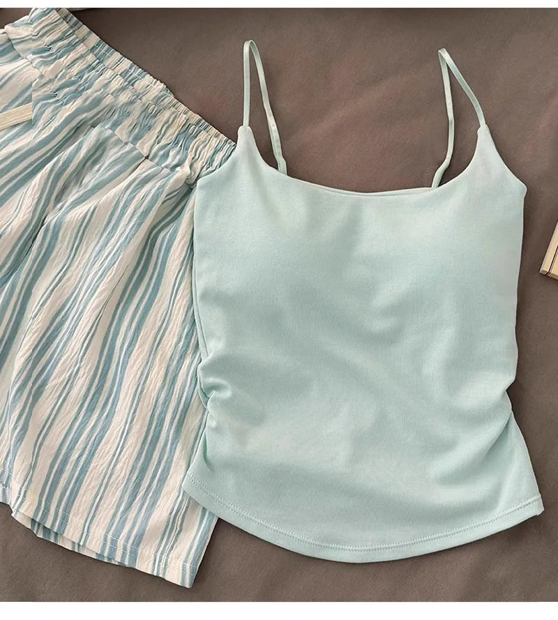 Einfarbiger Pyjama mit Brustpolstern, gestreifte Shorts für Damen, Sommer, dünne Leibchen-Shorts, Loungewear, großer Pyjama, zweiteiliges Set