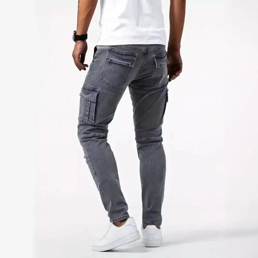 Neue Jeans Herren Seitentasche Skinny Jeans Schlank Einfarbig Hohe Taille Denim Bleistift Hosen Sommer